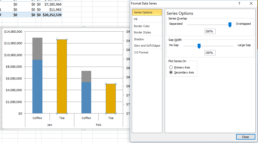 Howto Make an Excel Stacked Column Pivot Chart with a Secondary Axis